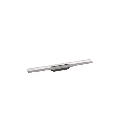 Hansgrohe Duschrinne aus gebürstetem Edelstahl, längliche Bauform. Das Produkt ist für die Wandmontage geeignet und kann in der Länge angepasst werden.